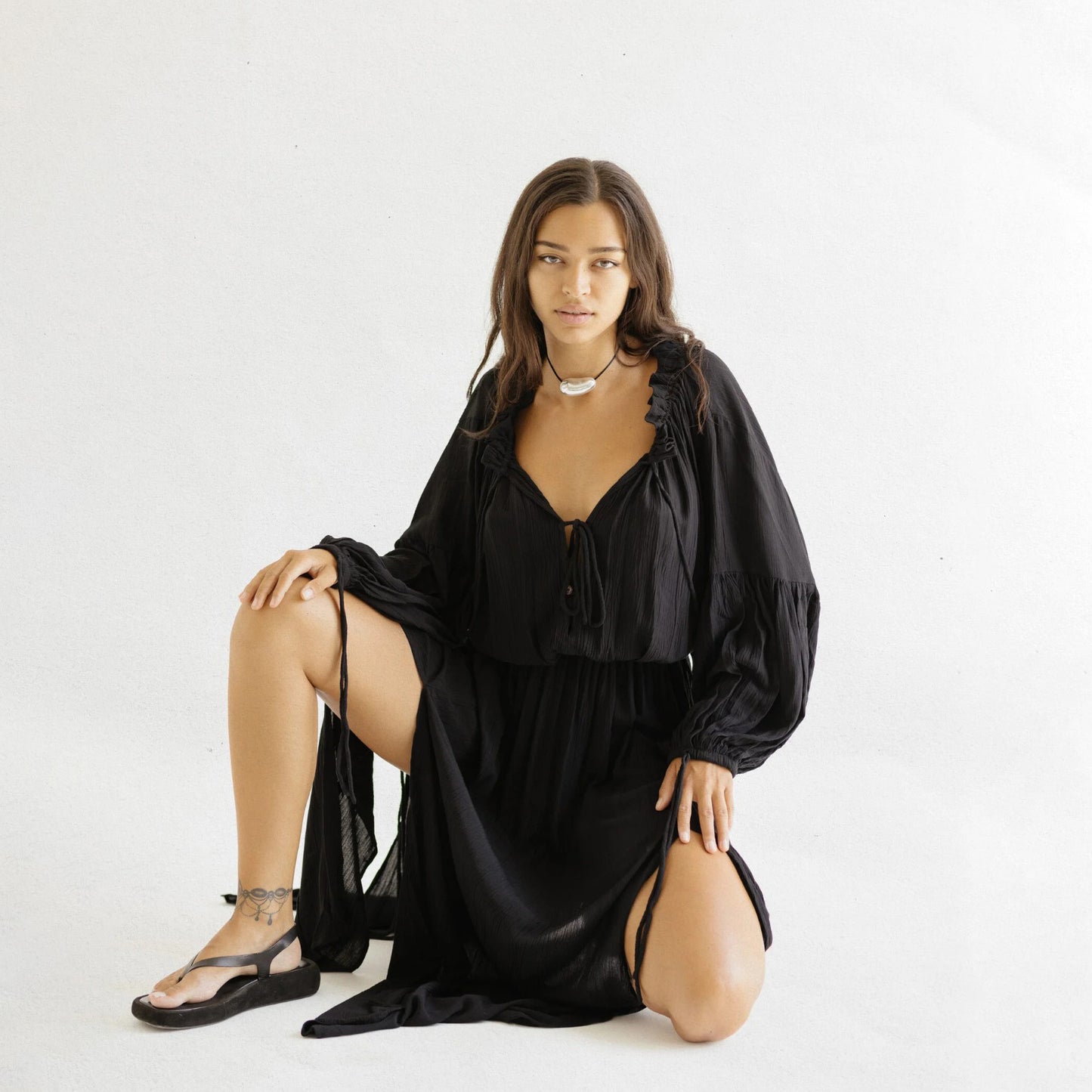 LUNA BLACK RAYON CRINKLE DRESS