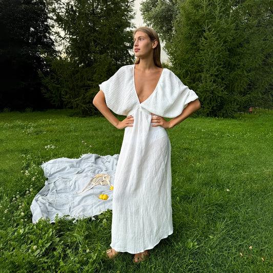 VICTORIA MAXI DRESS IN WHITE LINEN CRINKLE