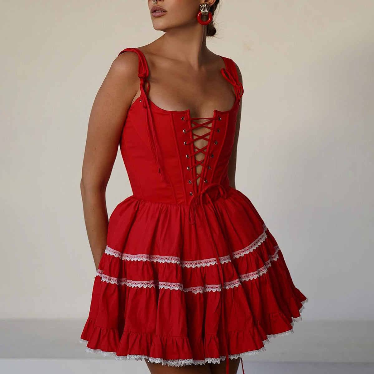 Neec Dress Corset Ruffle Red