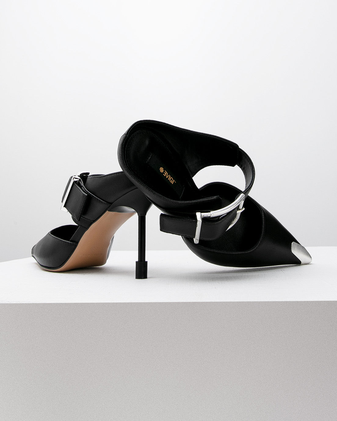Black Metal Tip Heels