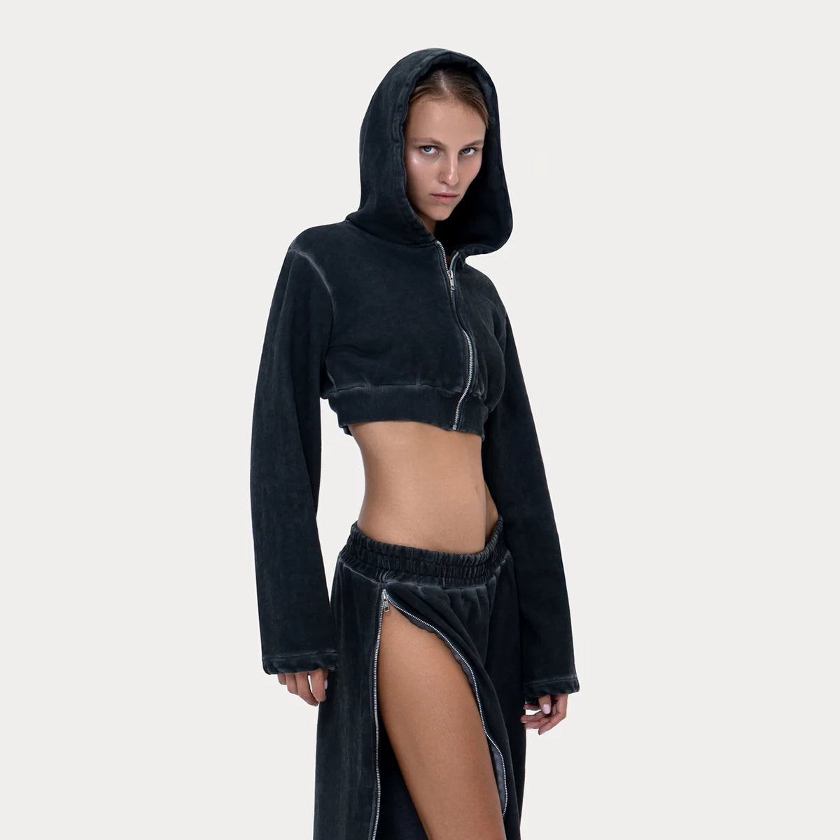 Hoodie Crop Zip Grey