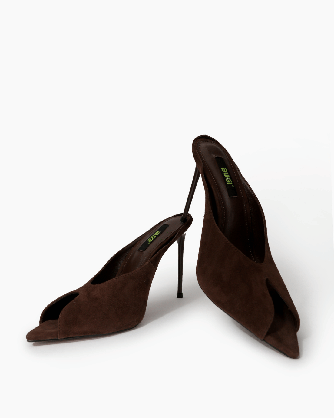 Dark chocolate open-back suede mules front view