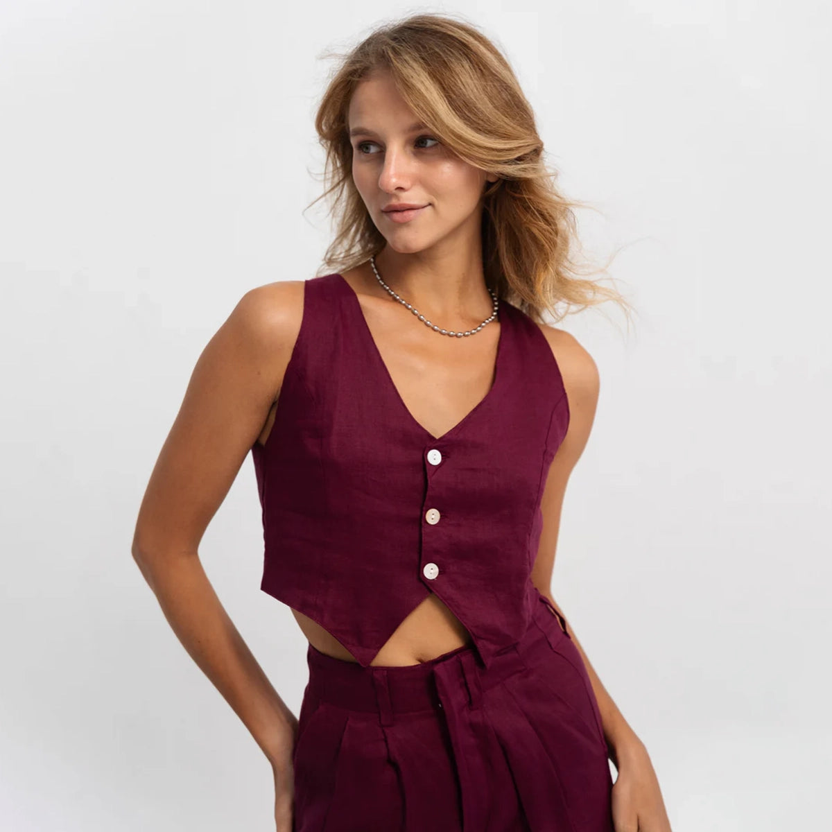Linen Vest in Berry