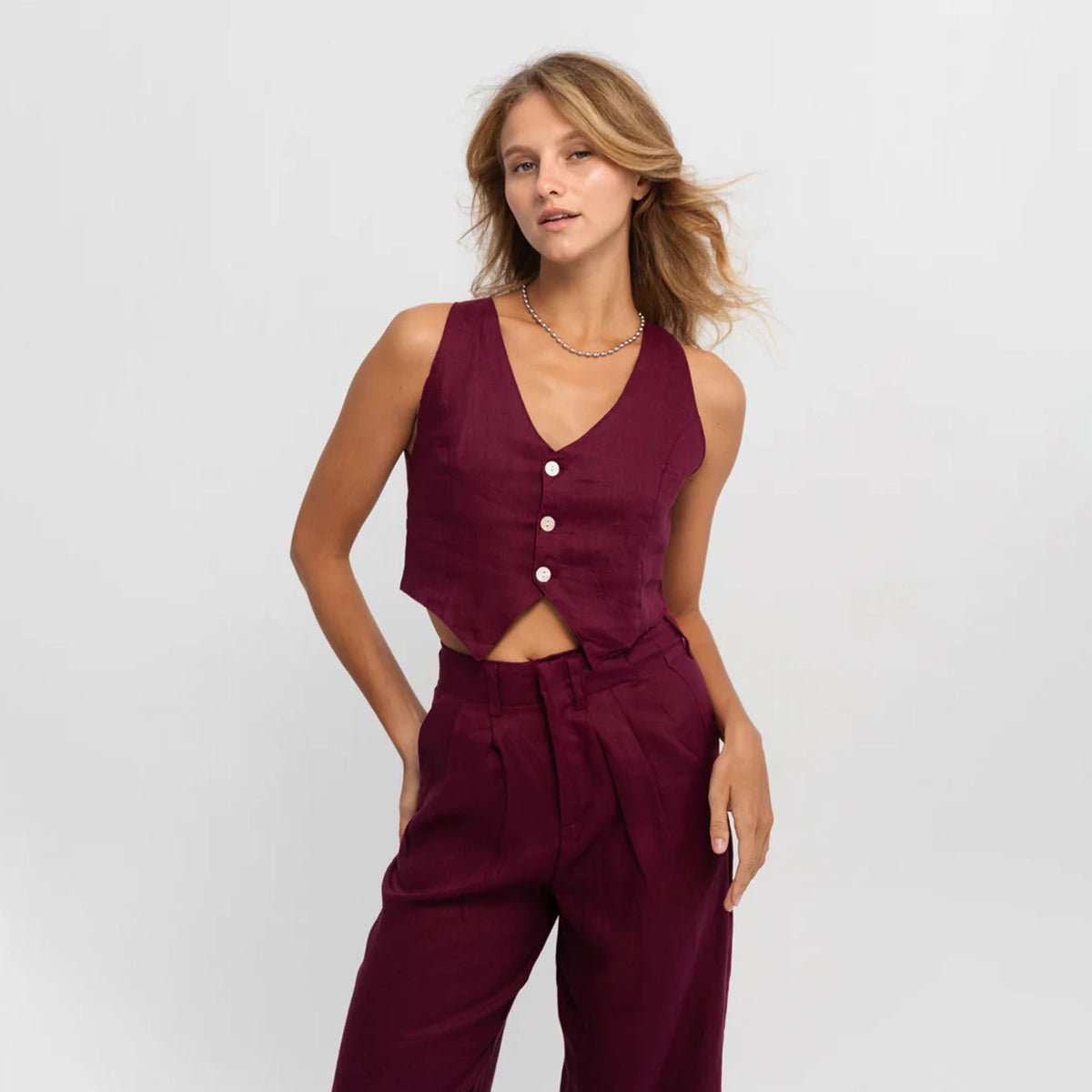 Linen Vest in Berry