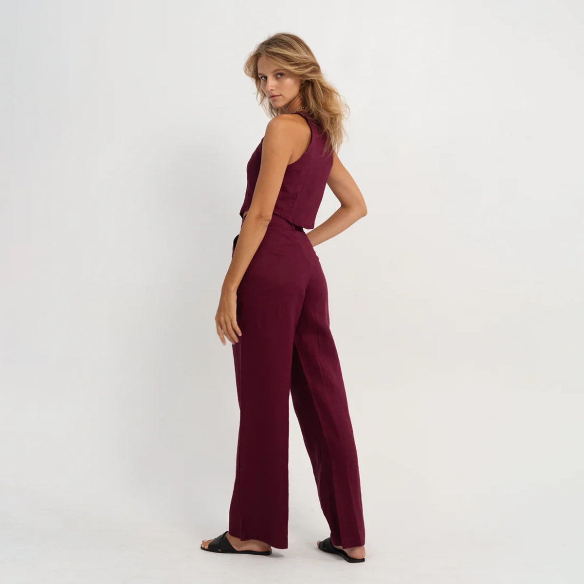 Linen Zipper Pants in Berry