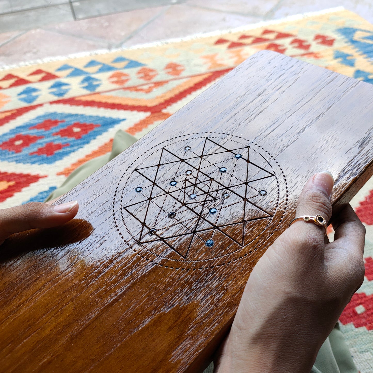 Solid Teak wood with yantra design and stone
