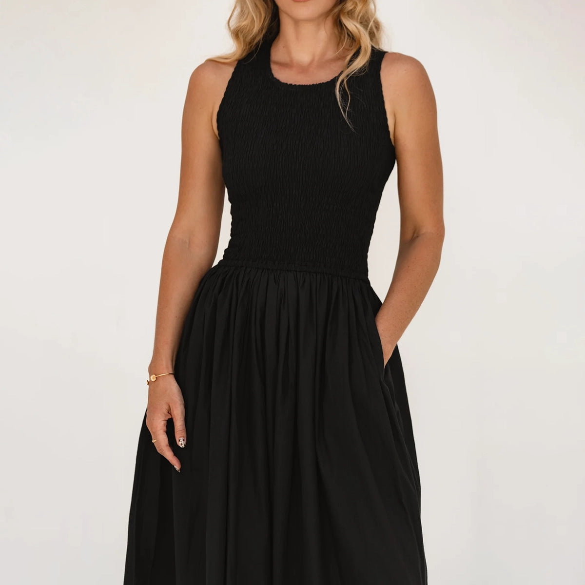 Lucciola Smocked Cotton Midi Dress In Black
