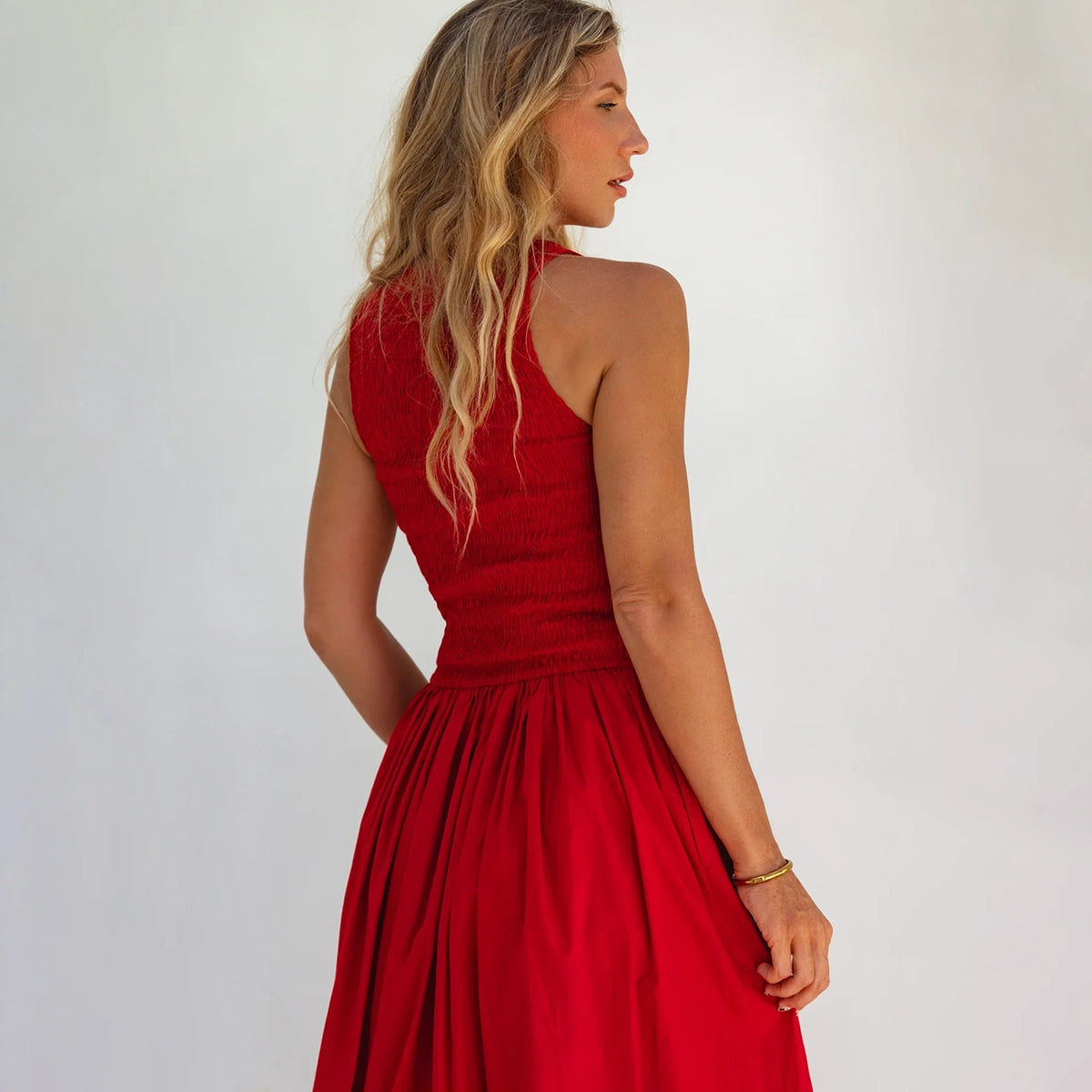 Lucciola Smocked Cotton Midi Dress In Red