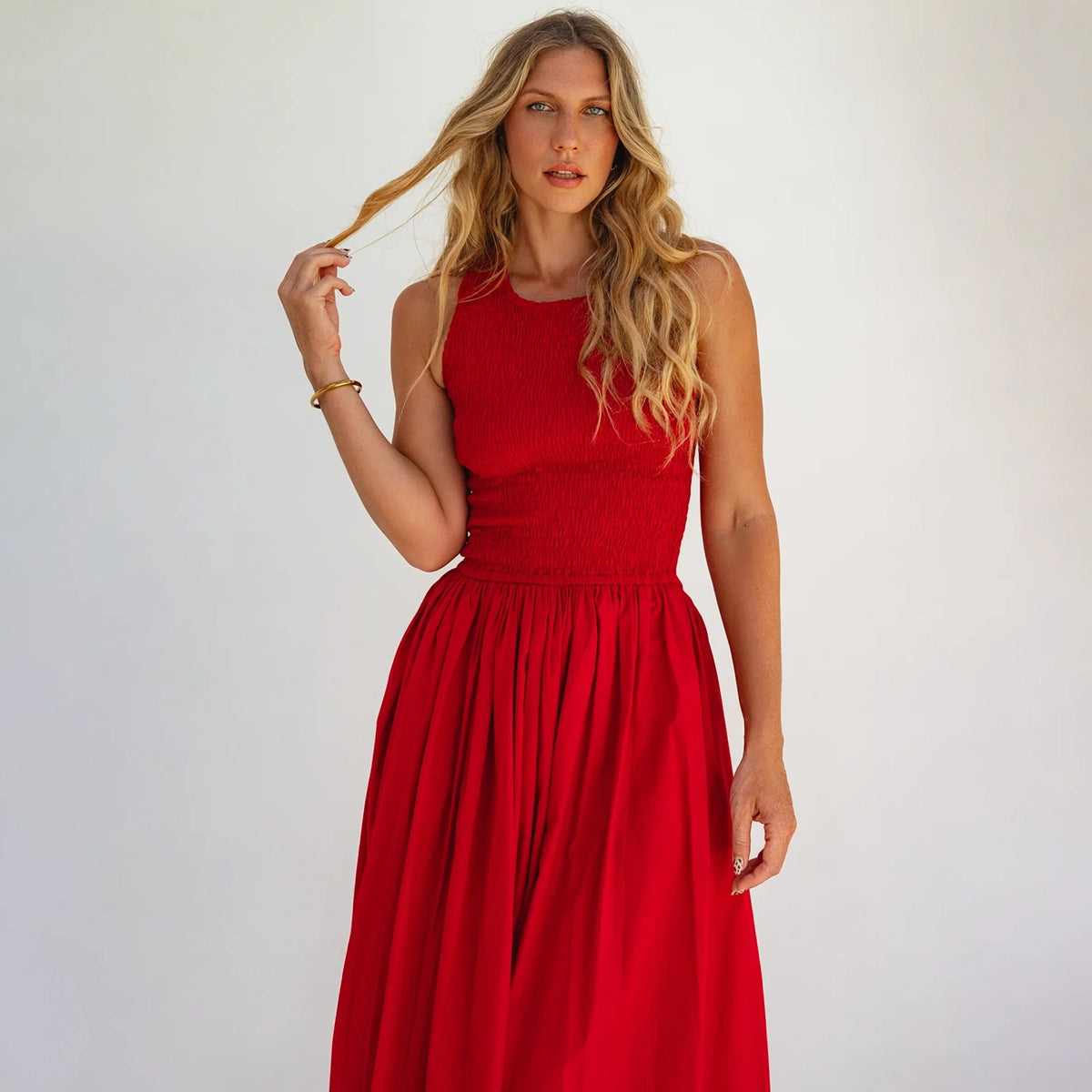 Lucciola Smocked Cotton Midi Dress In Red