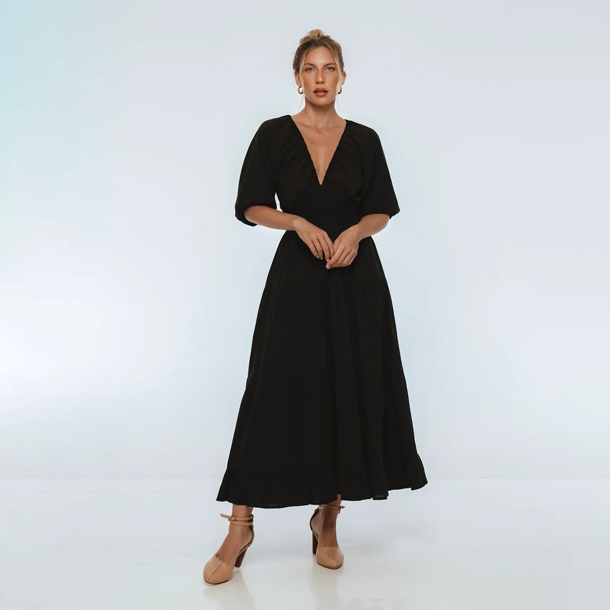 Lucienne Smoked Linen Maxi Dress In Black