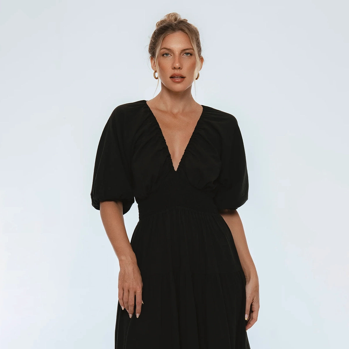 Lucienne Smoked Linen Maxi Dress In Black