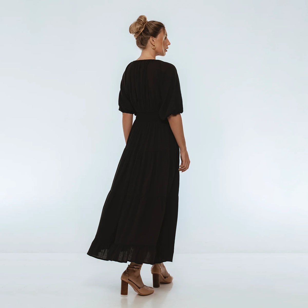 Lucienne Smoked Linen Maxi Dress In Black