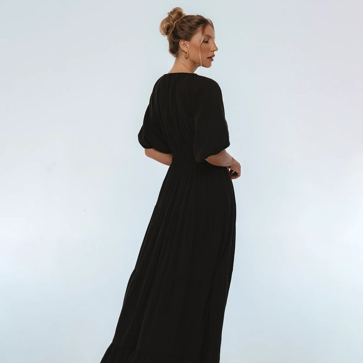 Lucienne Smoked Linen Maxi Dress In Black