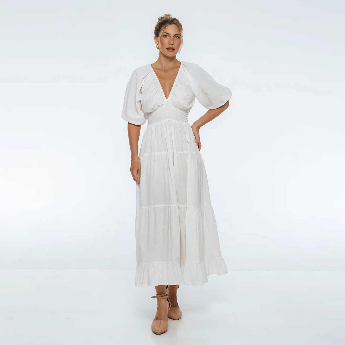 Lucienne Smoked Linen Maxi Dress In White