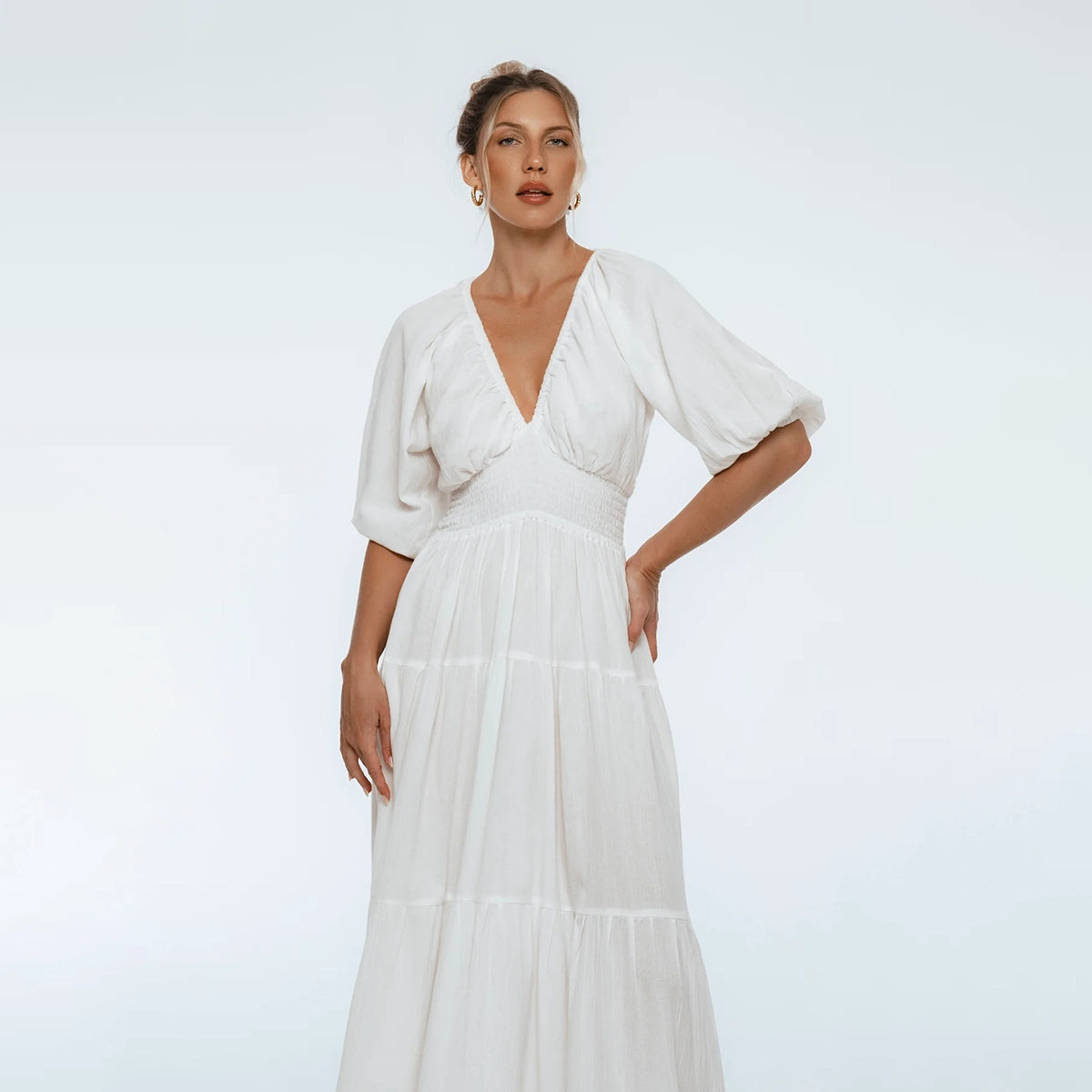 Lucienne Smoked Linen Maxi Dress In White