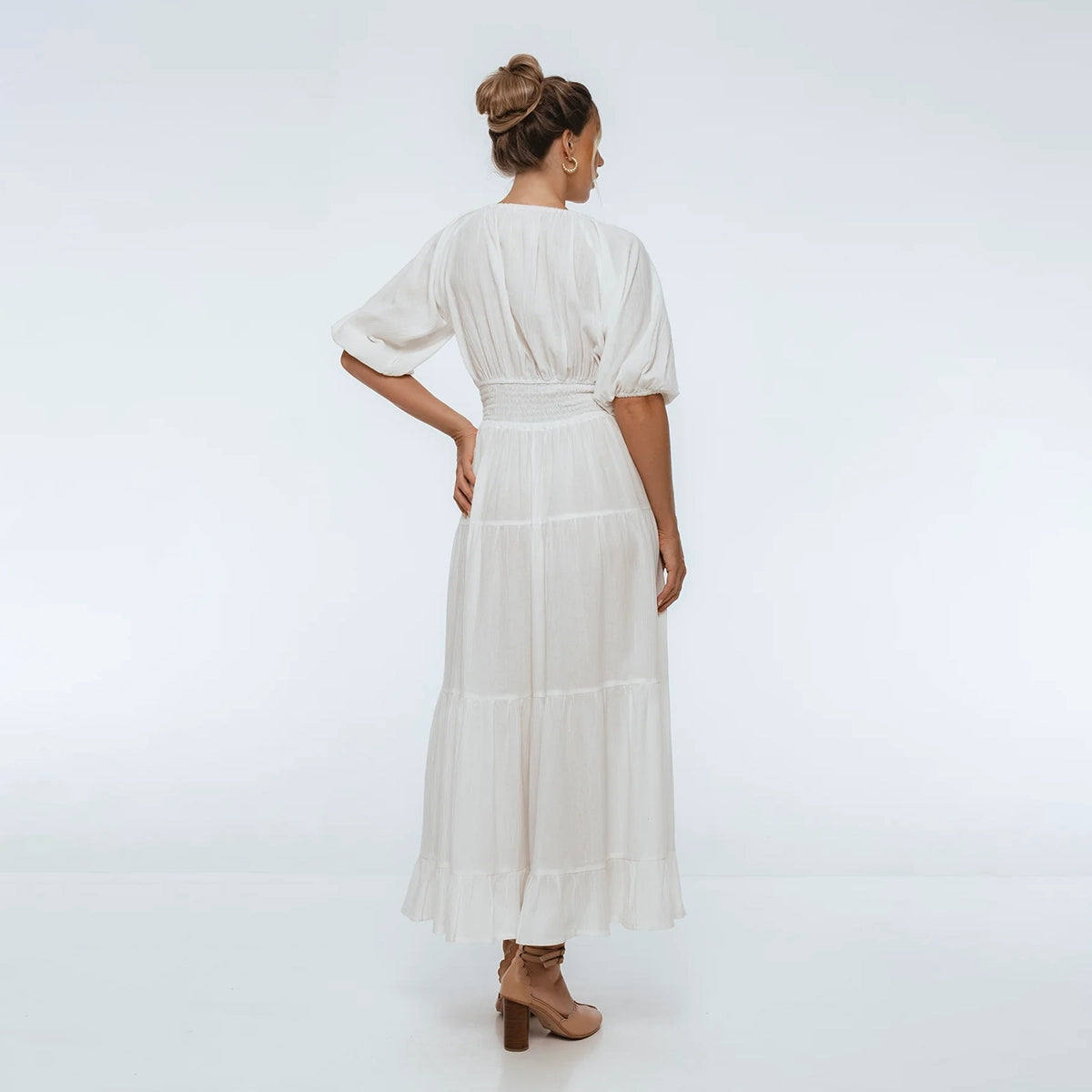 Lucienne Smoked Linen Maxi Dress In White