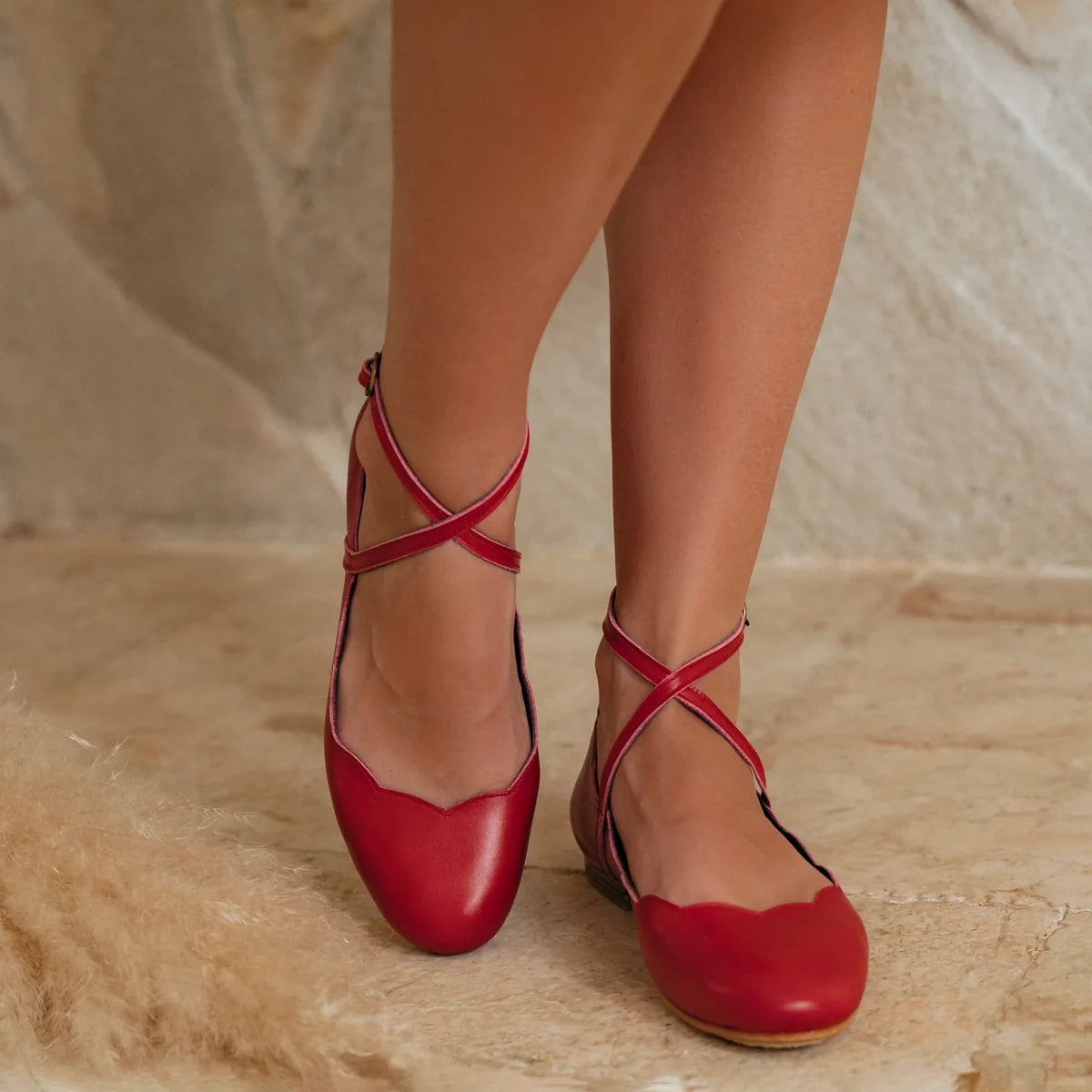 Myrelle Criss-Cross Leather Ballet Flats In Red