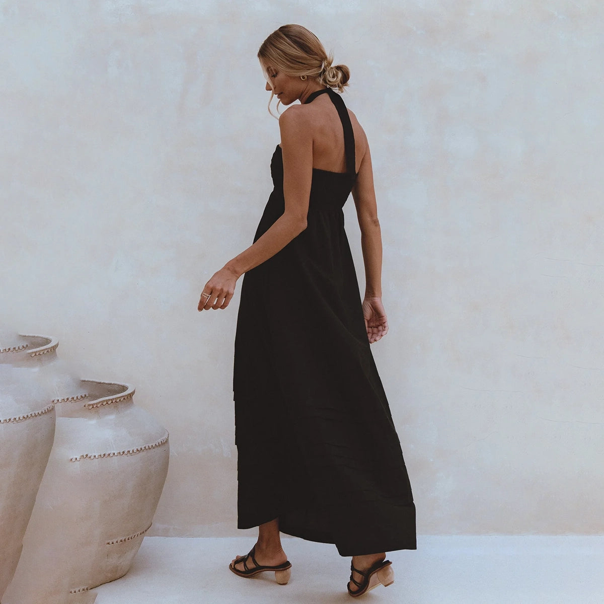 Penelope Halter Linen Maxi Dress In Black