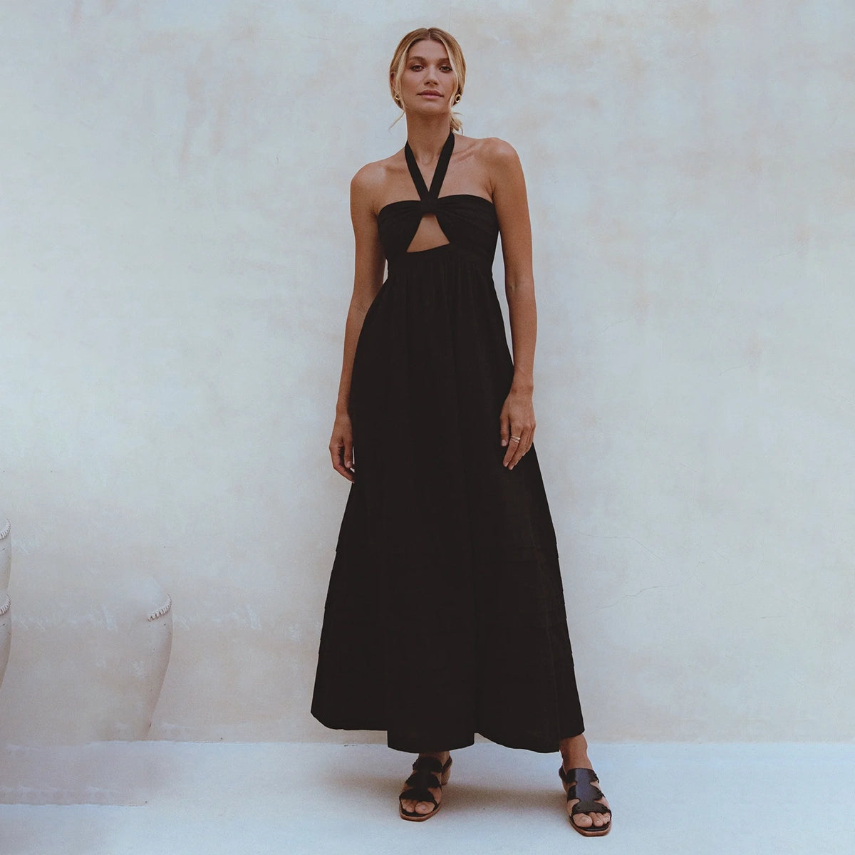 Penelope Halter Linen Maxi Dress In Black