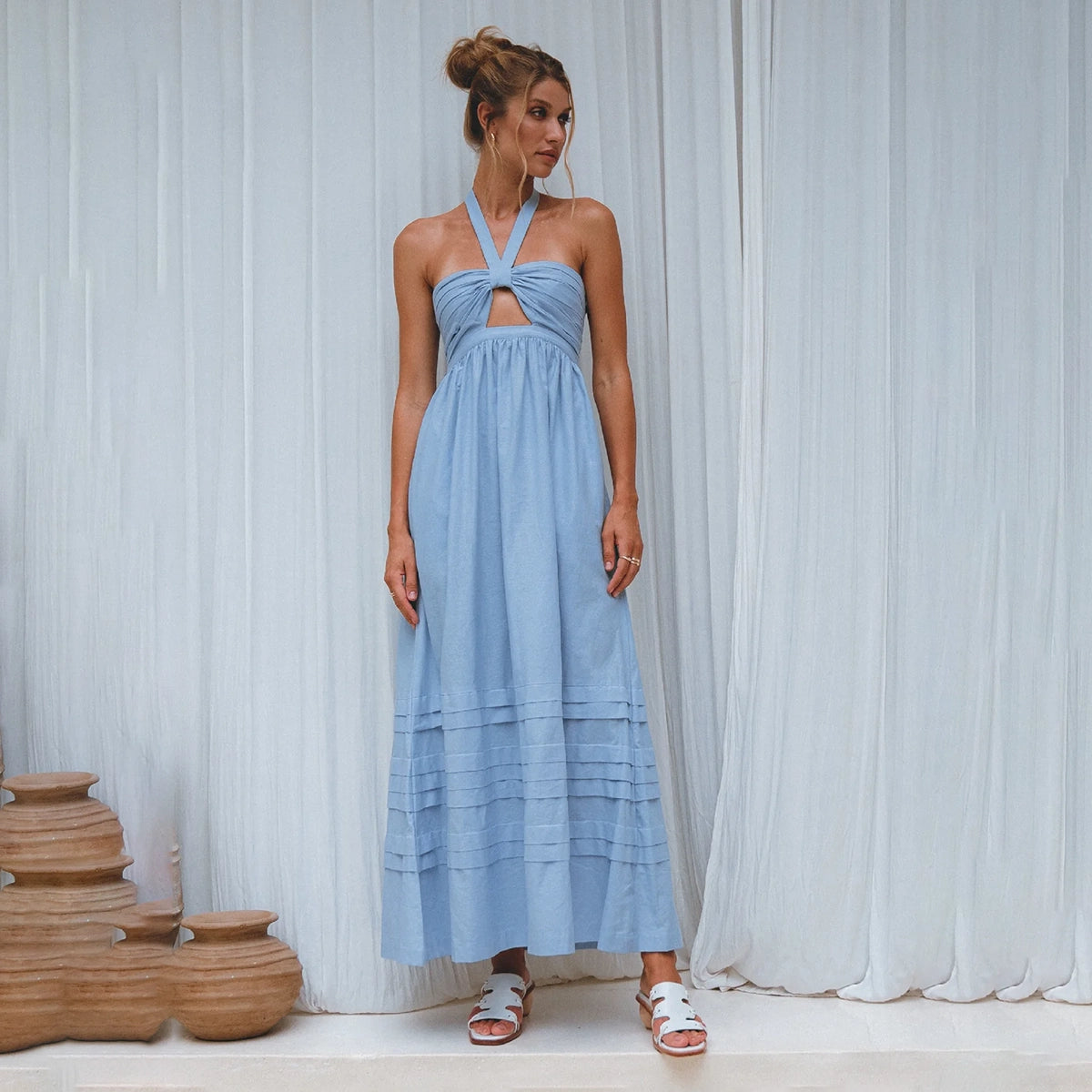 Penelope Halter Linen Maxi Dress In Blue