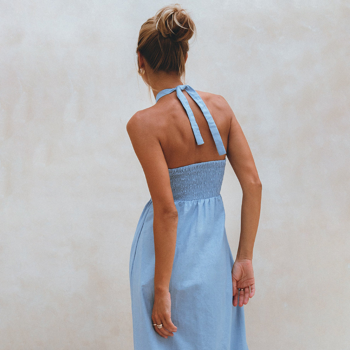 Penelope Halter Linen Maxi Dress In Blue