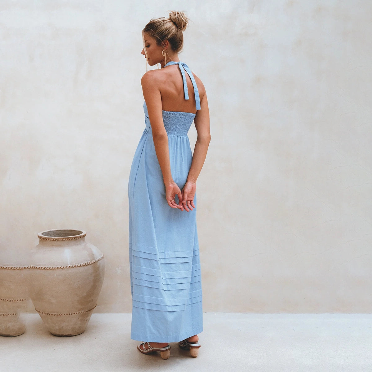 Penelope Halter Linen Maxi Dress In Blue