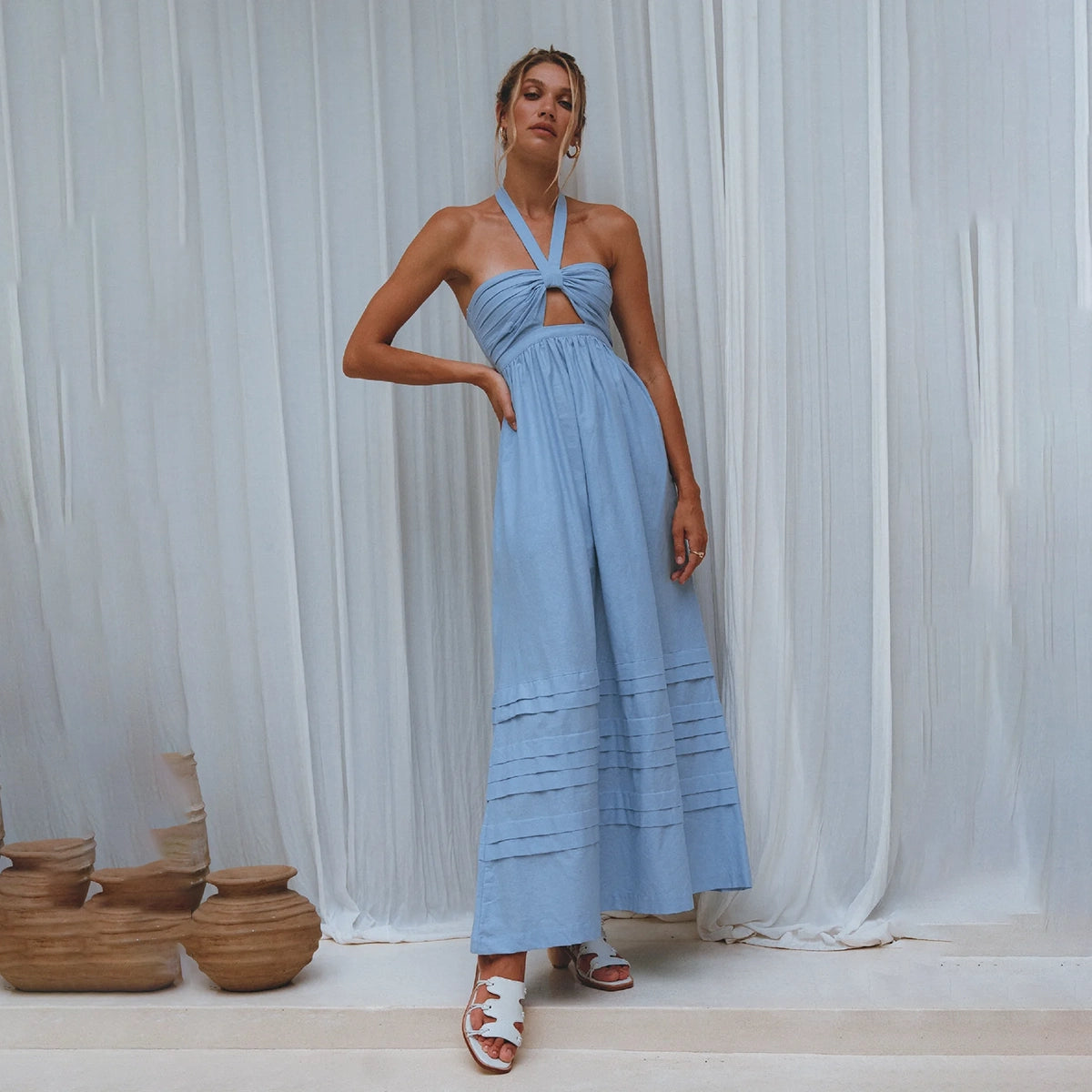 Penelope Halter Linen Maxi Dress In Blue