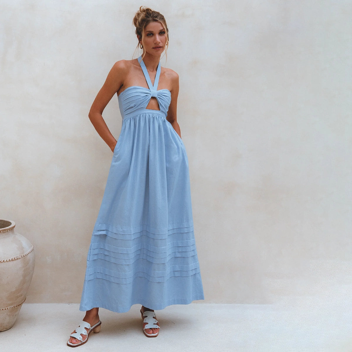 Penelope Halter Linen Maxi Dress In Blue