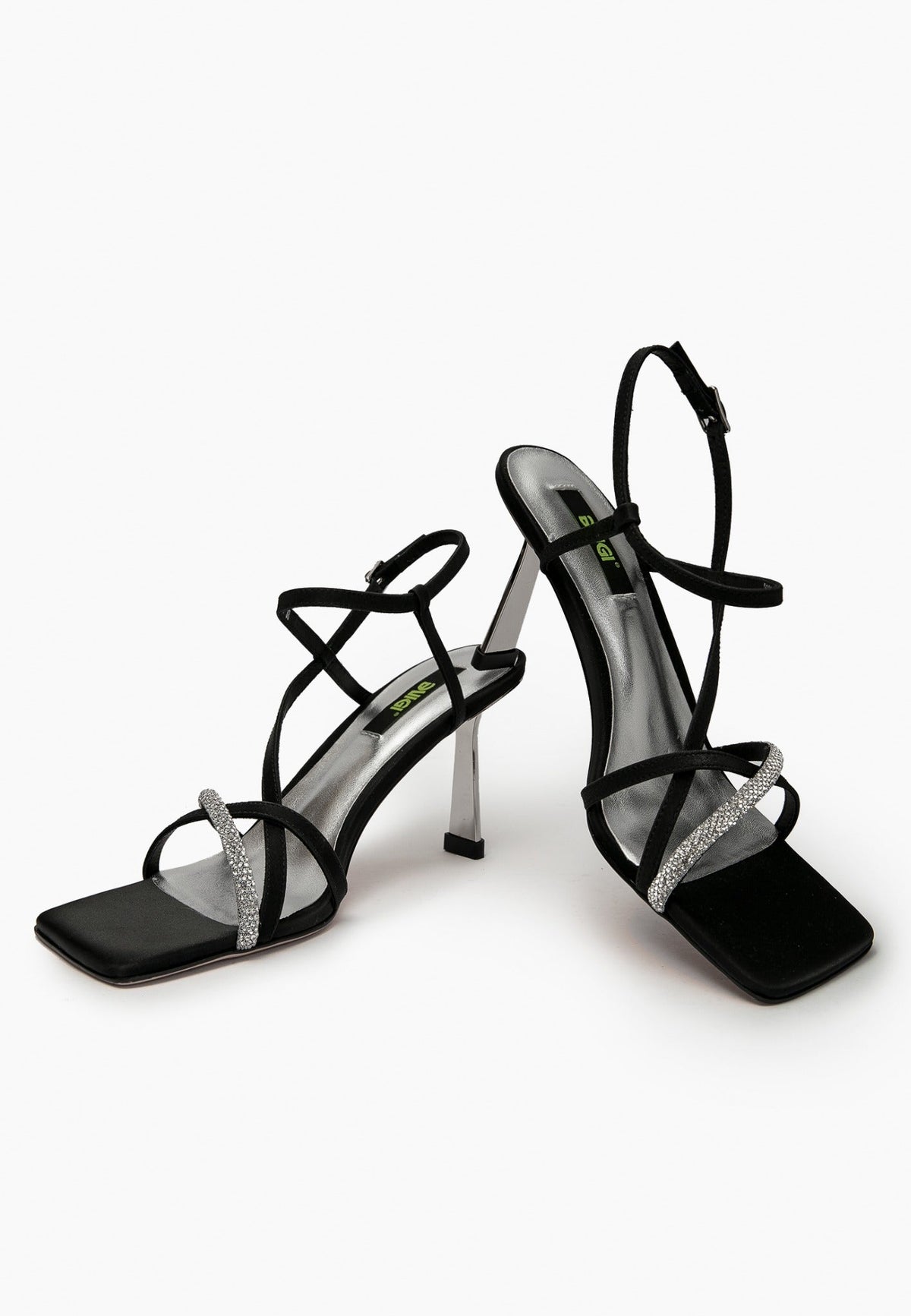 Black satin glitter-strap heels, front three-quarter view