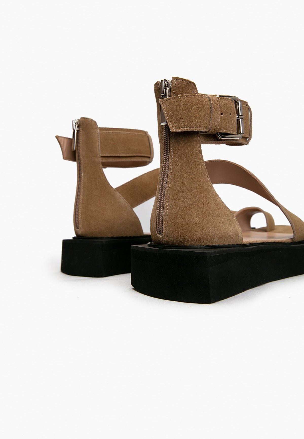 Rear view of camel suede ankle-cuff sandals with zipper fastening
