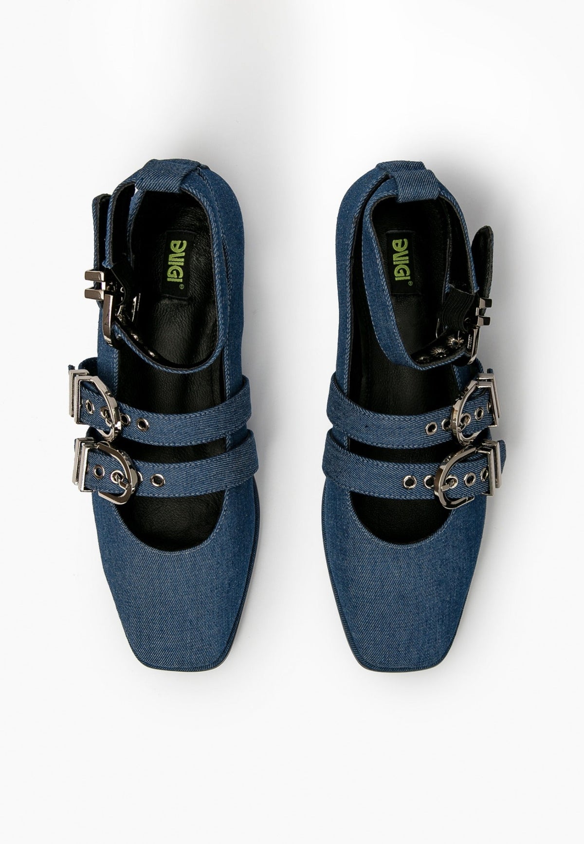 Top view of indigo denim ballet flats with two instep straps and ankle buckles