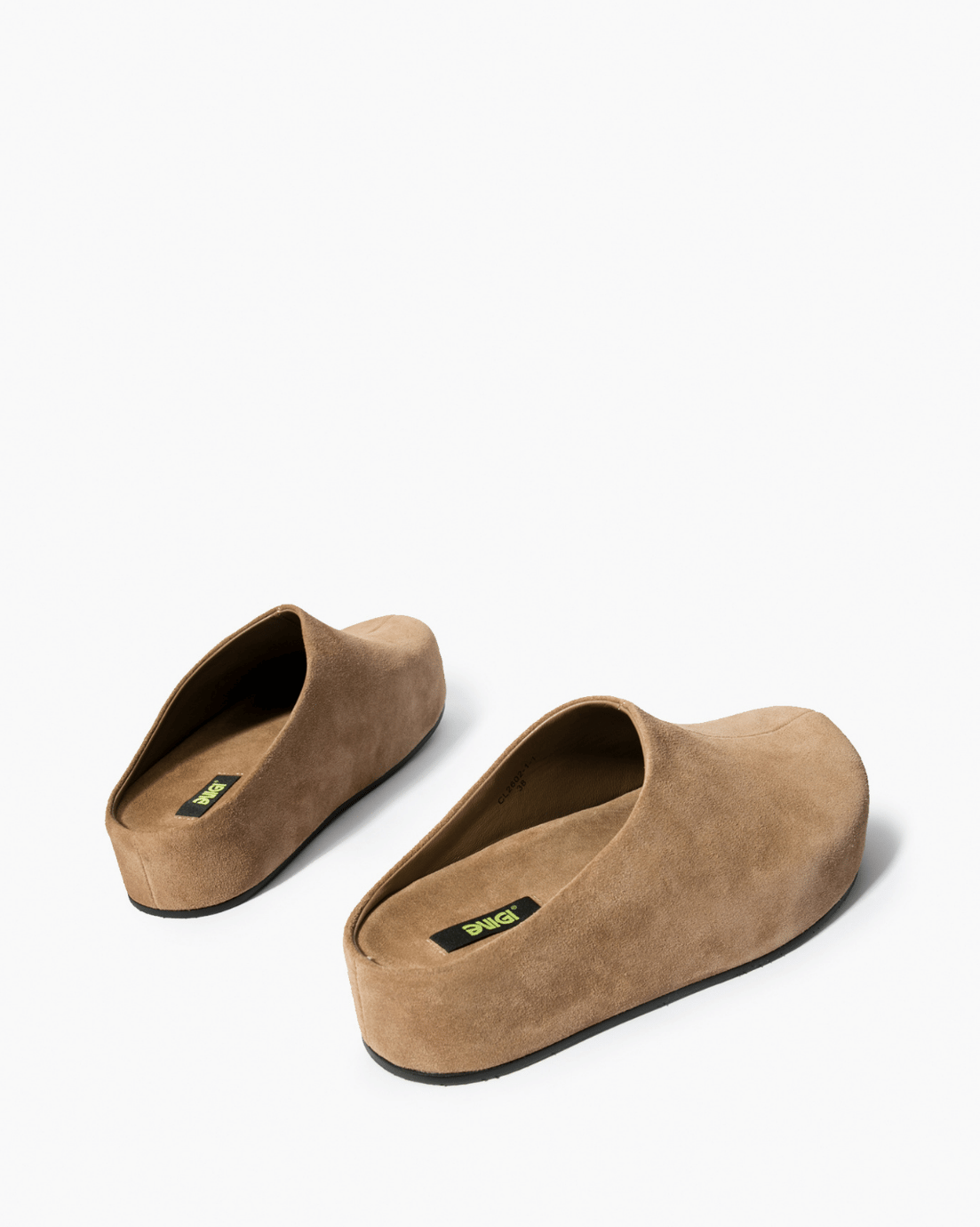 Taupe suede platform clogs, rear three-quarter view