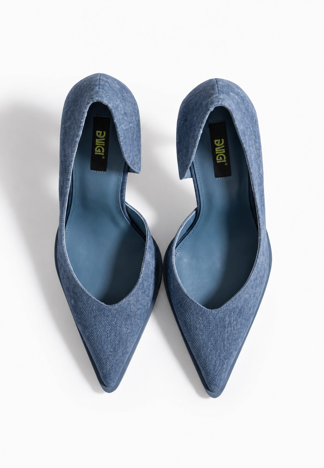 Top view of washed blue zebra-print genuine leather pumps