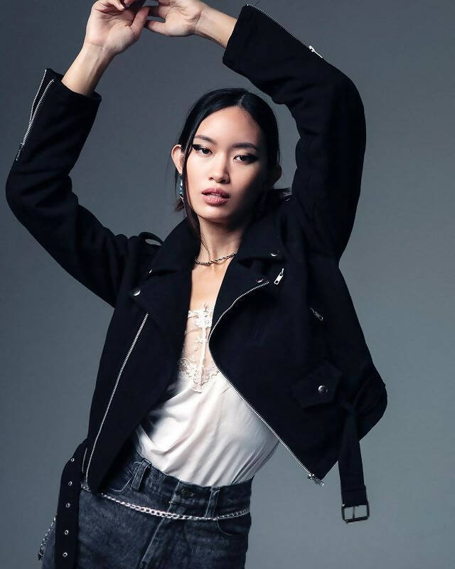 Leather cropped biker jacket