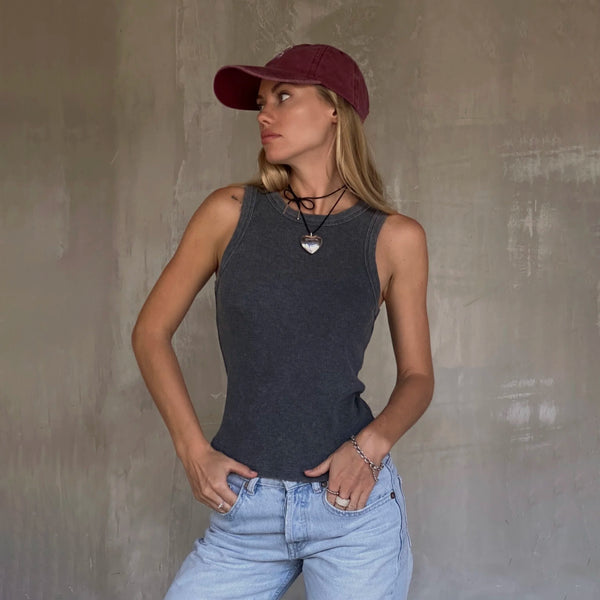 WASHED RIBBED TANK TOP IN GREY – Cantik