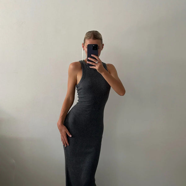 GREY RIBBED COTTON TANK MAXI DRESS – Cantik