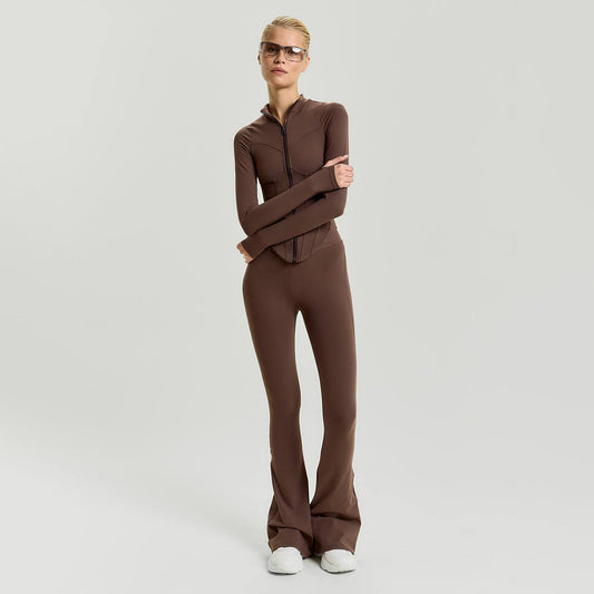 MODEL P02.28 SET TOP AND FLARED PANTS BROWN