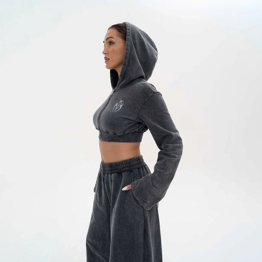 Hoodie Crop Zip Grey Stone