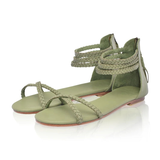 Calypso Braided Leather Sandals In Olive Green