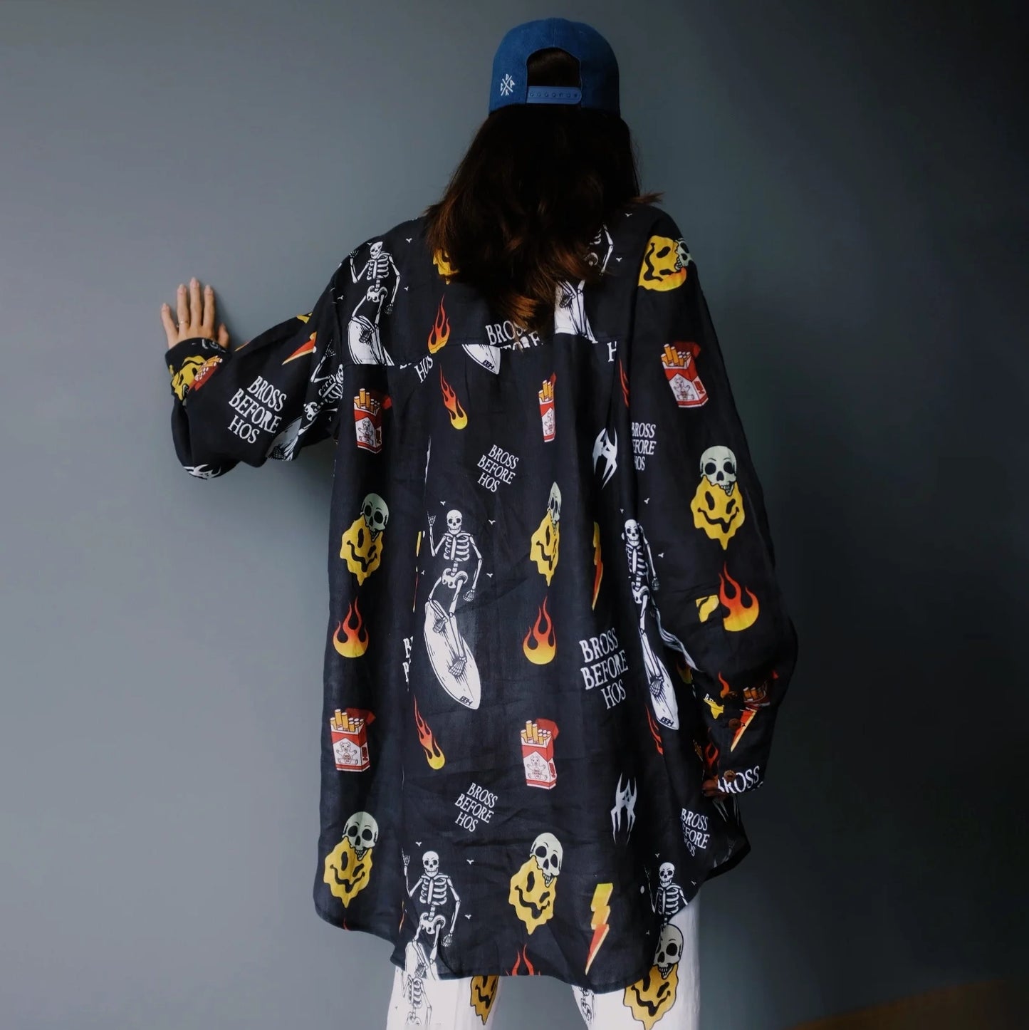 LINEN SHIRT WITH PRINT “BASIC” BLACK
