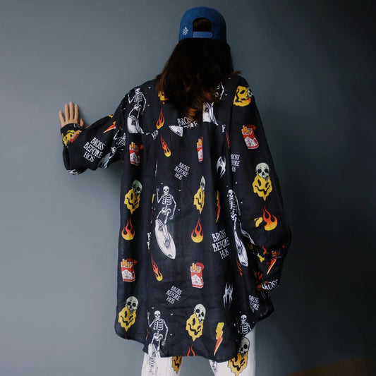 LINEN SHIRT WITH PRINT “BASIC” BLACK