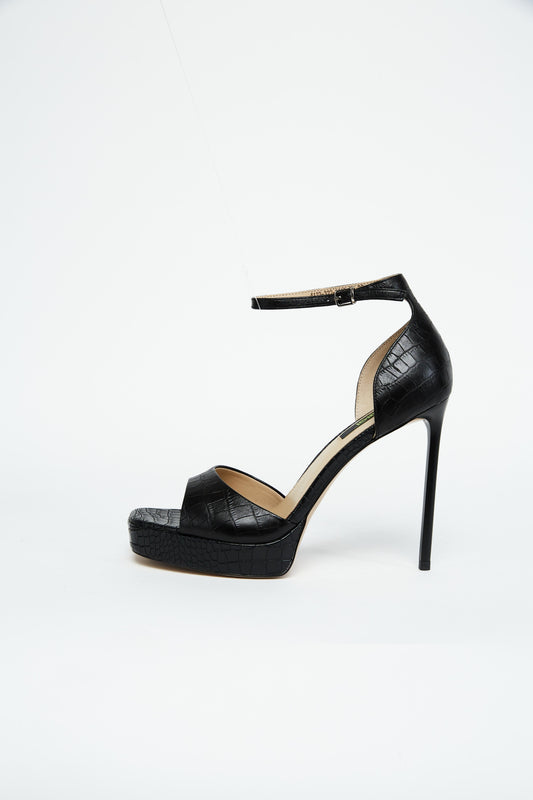 Black Croc-Effect Platform Heels