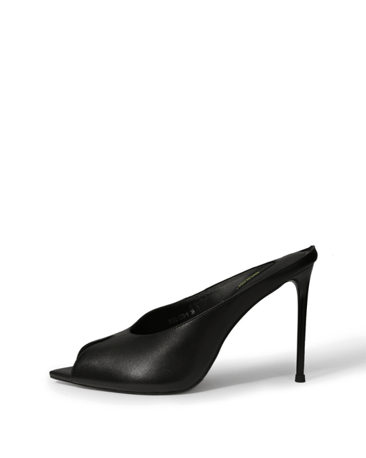 Black genuine leather peep-toe stiletto mule side view