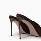 Dark chocolate stiletto mule heel and black heel-tip detail
