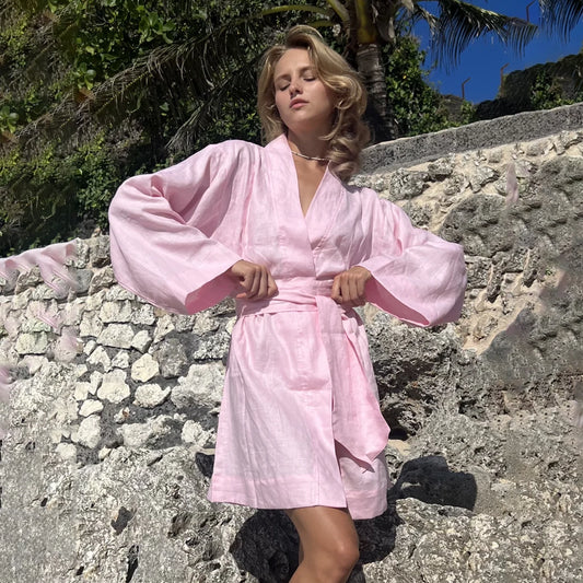 Linen Kimono Long Sleeve in Baby Pink