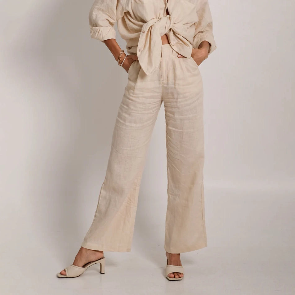 Linen Zipper Pants in Cream