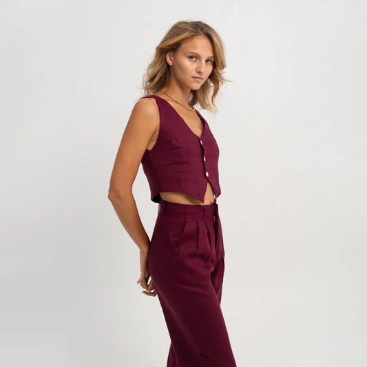 Linen Zipper Pants in Berry