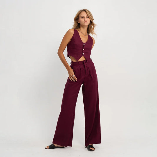 Linen Zipper Pants in Berry