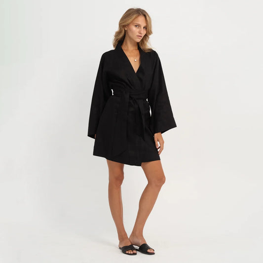 Linen Kimono Long Sleeve in Black
