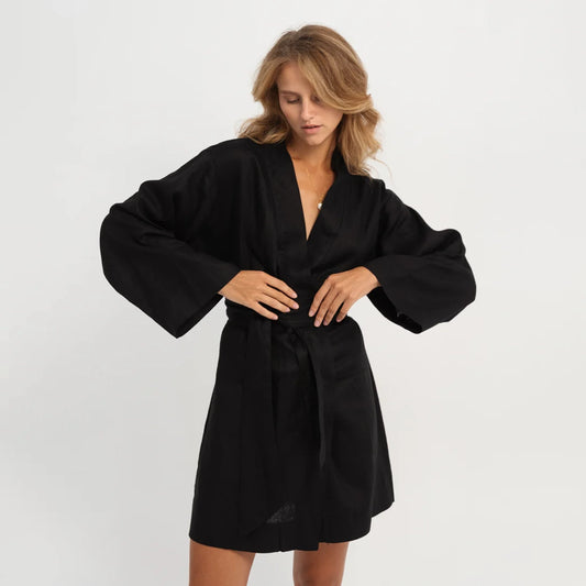 Linen Kimono Long Sleeve in Black